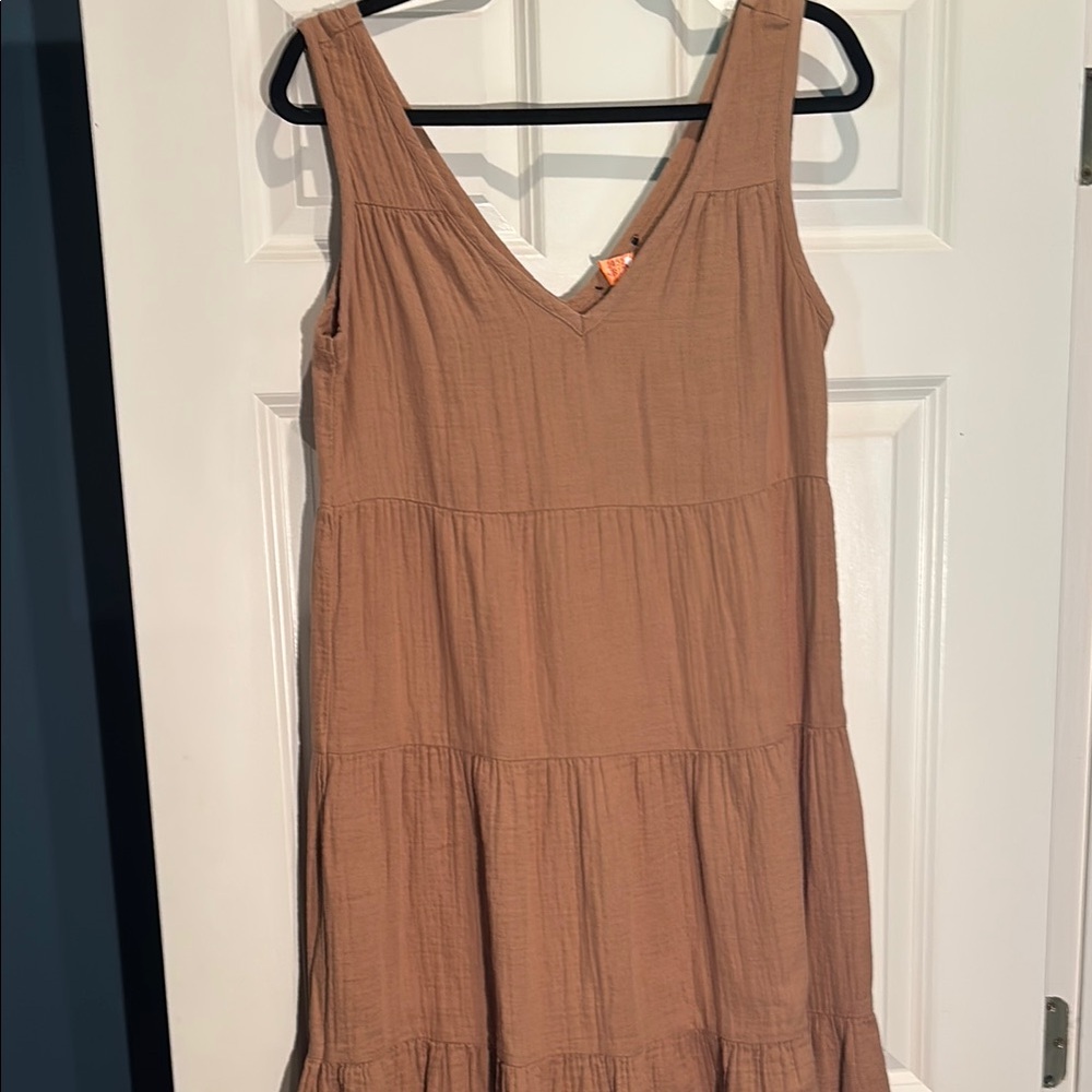 Quince Tan Pleated Ruched Sundress